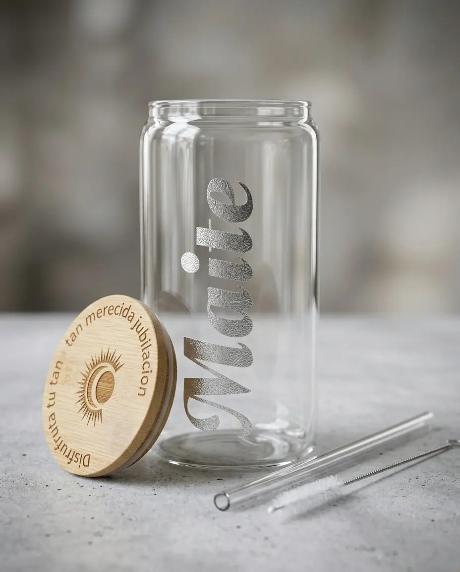 Vaso cristal con Nombre y tapa de Bambú personalizada Regalo Personalizado 360