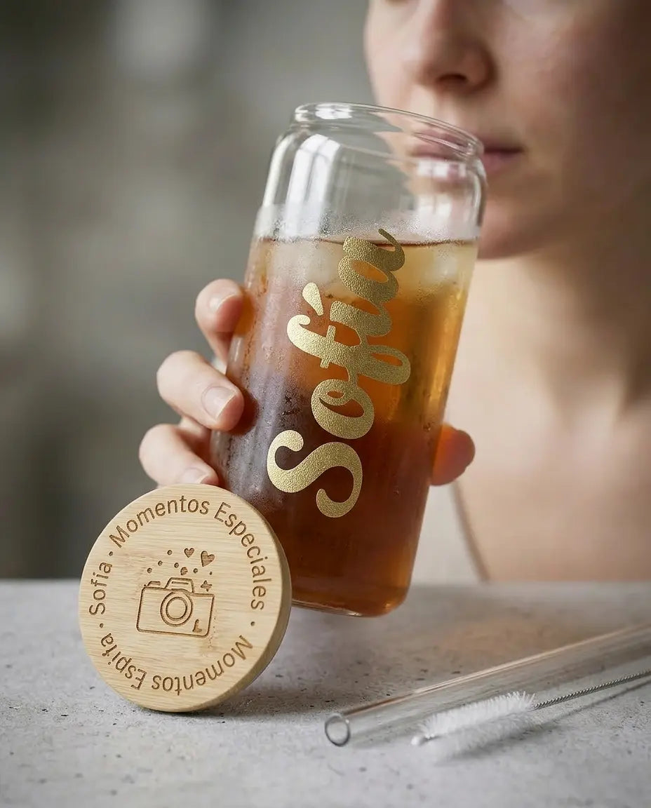 Vaso cristal con Nombre y tapa de Bambú personalizada Regalo Personalizado 360