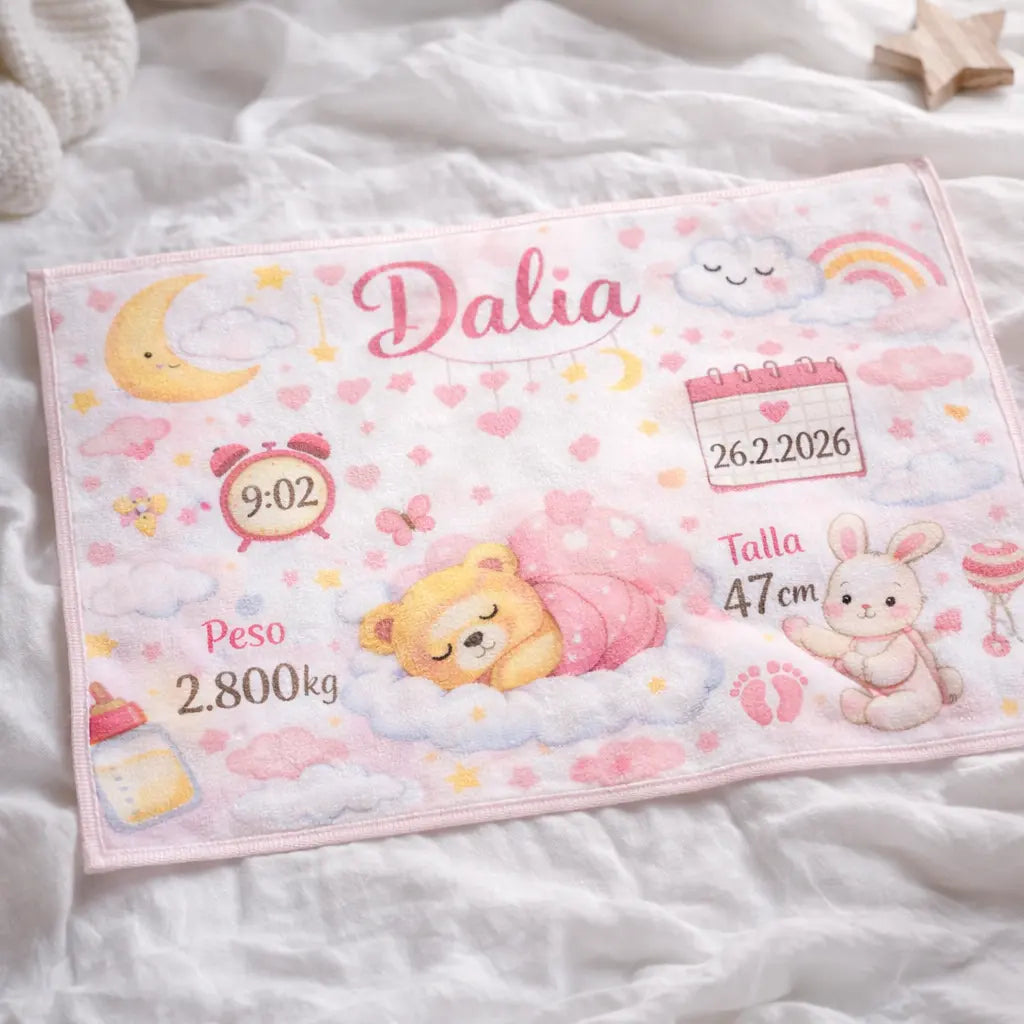 TOALLA CON DATOS DE NACIMIENTO BEBÉ Regalo Personalizado 360
