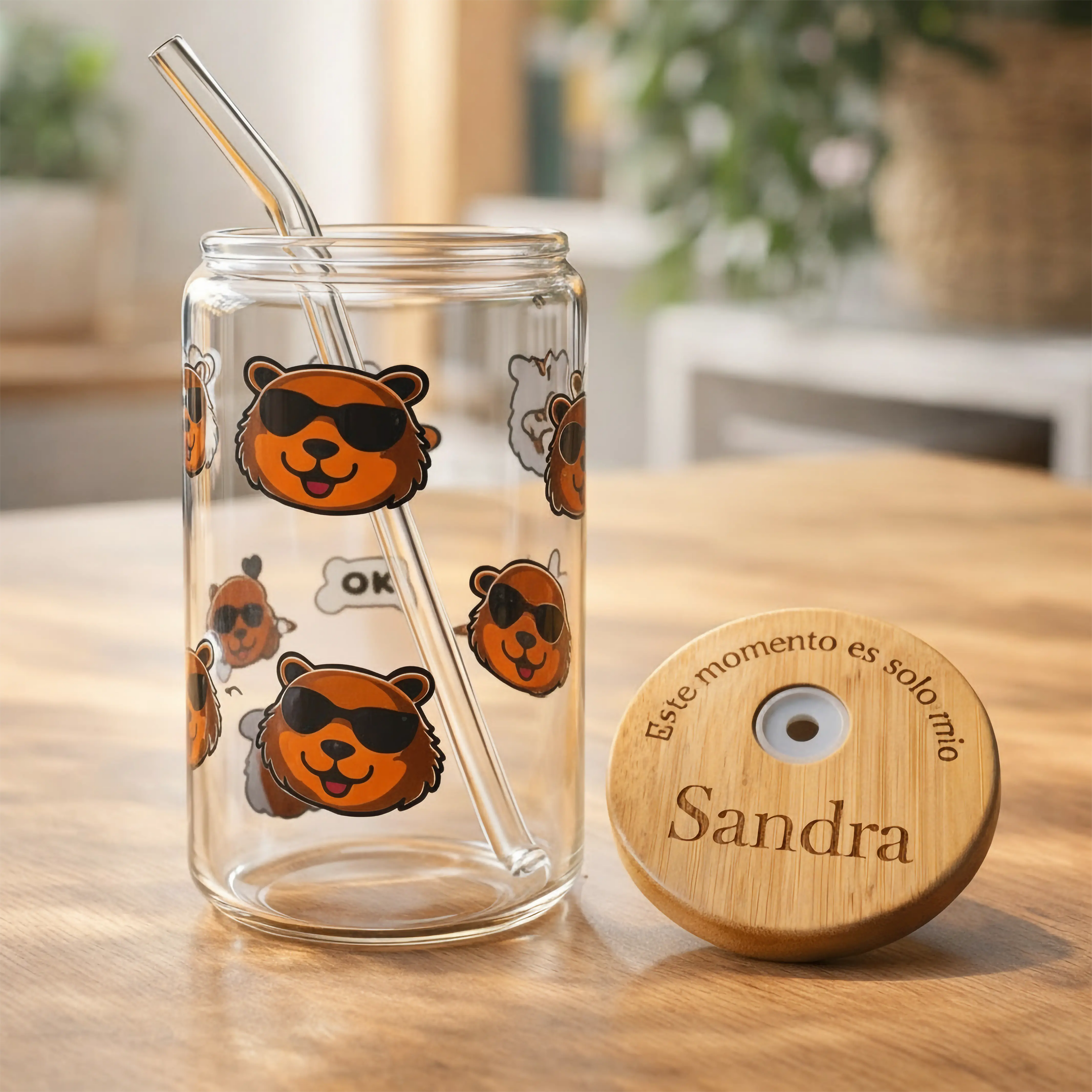 VASO CAPIBARA DE  CRISTAL Y BAMBÚ CON PAJITA Regalo Personalizado 360